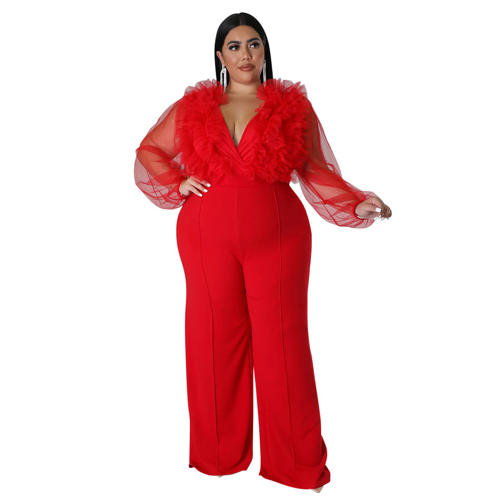 BamBam Sexy Deep V Solid Color Plus Size See-Through Long Sleeve Women Jumpsuit - BamBam Clothing