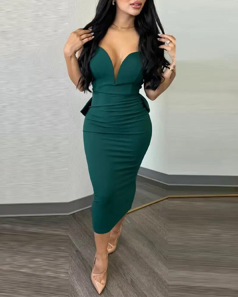 BamBam Solid Color Low Back Deep V Bow Elastic Slit Bodycon Dress - BamBam Clothing