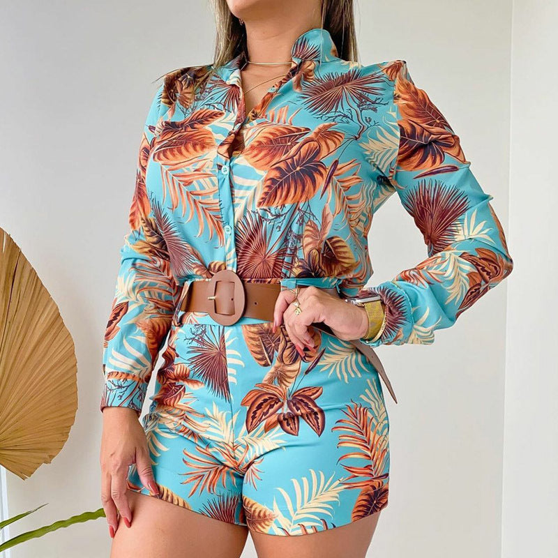 BamBam Women's Printed Long Sleeve Shirt Shorts Fashion Women's Two Piece Set - BamBam