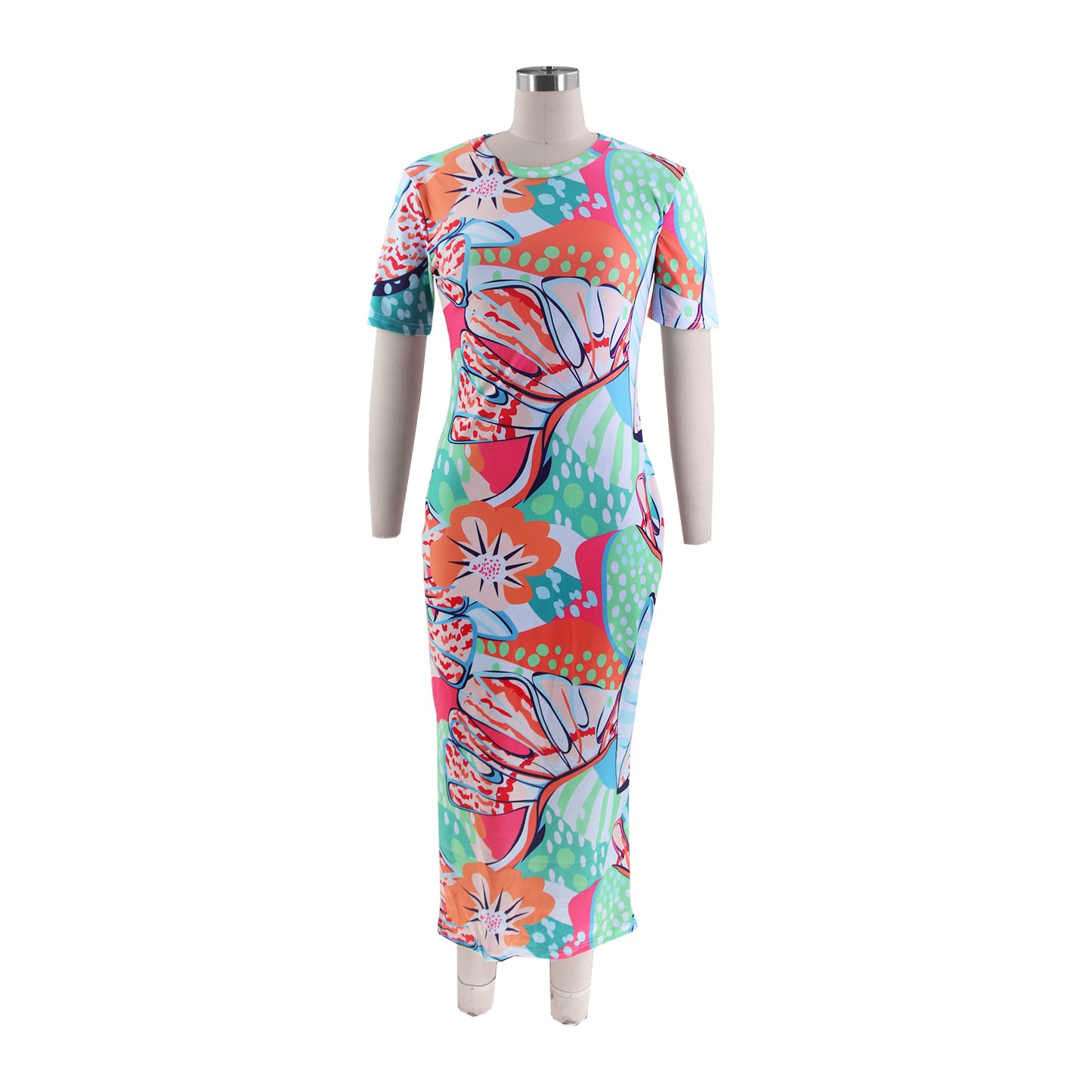 BamBam Summer Ladies Fitted Round Neck Painted Print Dress - BamBam