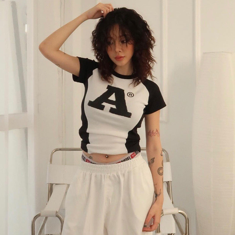 BamBam Street trend sexy letter print black and white contrast color short sleeve top women's summer T-shirt - BamBam