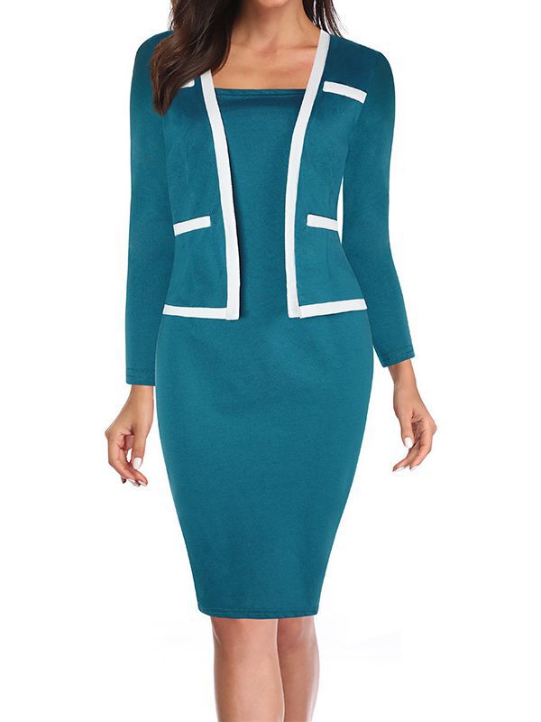 BamBam Women's Three Quarter Sleeve Fake Two Piece Patchwork Professional Bodycon Dress - BamBam