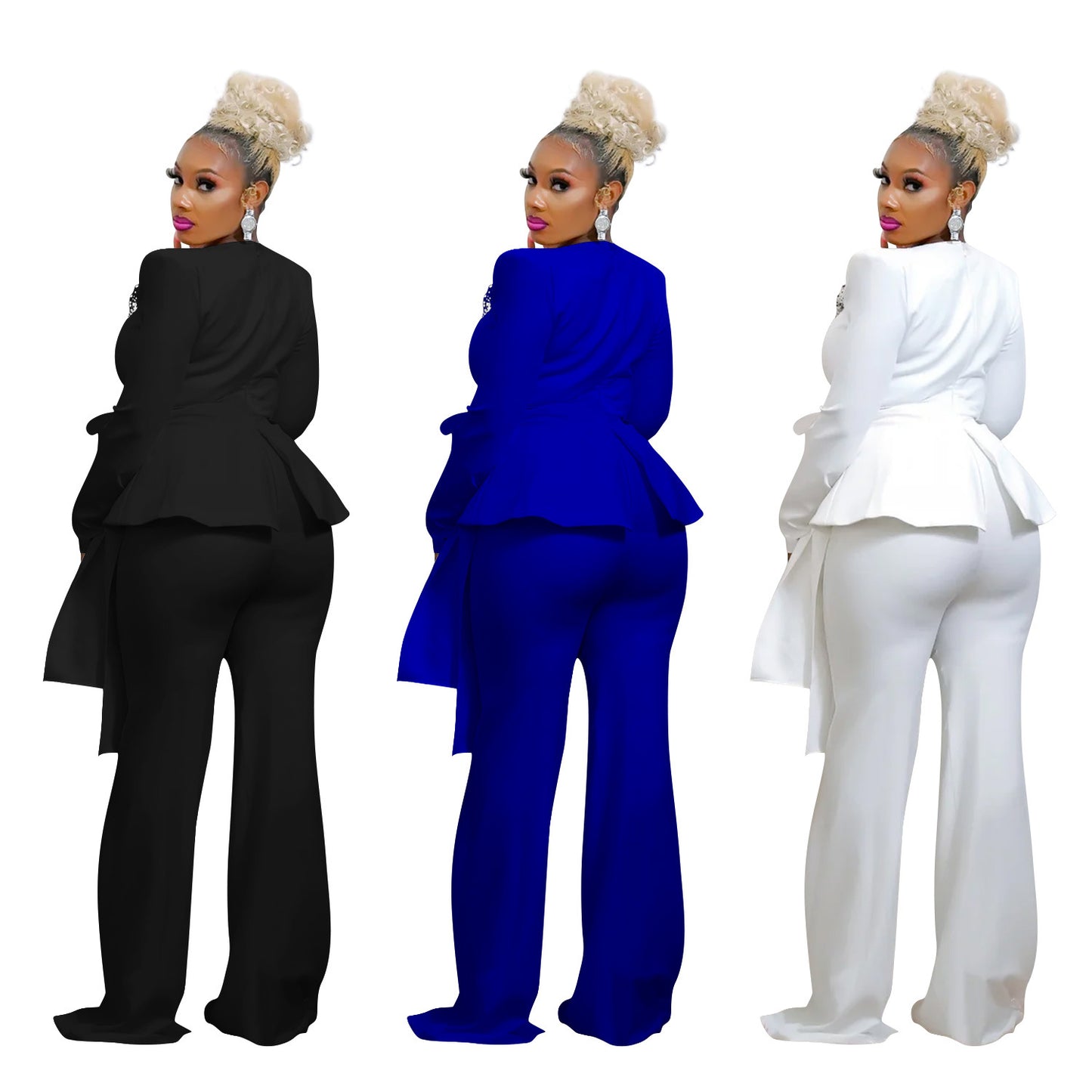 BamBam Fashion Women's Solid Color Long-Sleeved Trousers Jacket Suit Two-Piece Set - BamBam Clothing