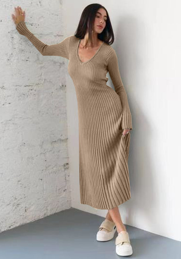 Women Bell Bottom Ribbed Knitting Dress