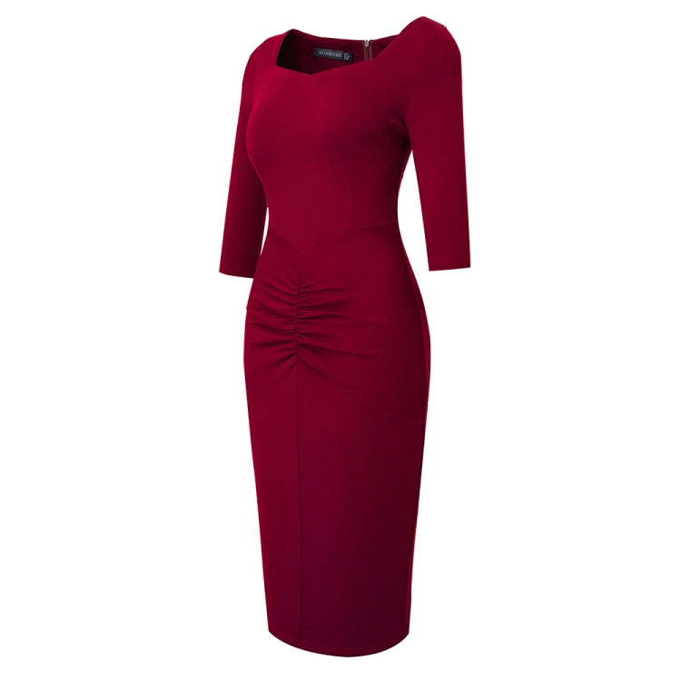 BamBam Career Ladies Square Neck 3/4 Sleeve Patchwork Ruched Tight Fitting Midi Dress - BamBam