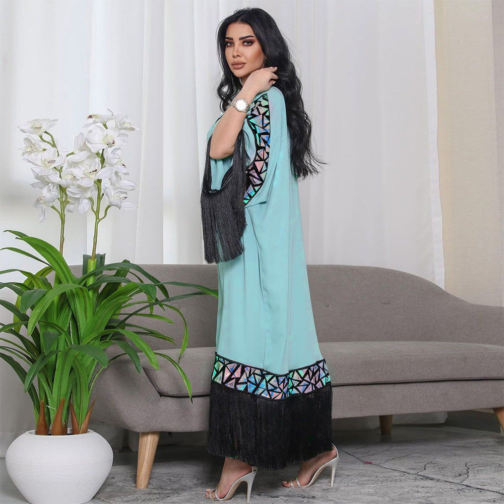 BamBam Sequined Tassel Robe Abaya Loose Fit Dress Arabian Ladies Clothing Dubai Muslim - BamBam