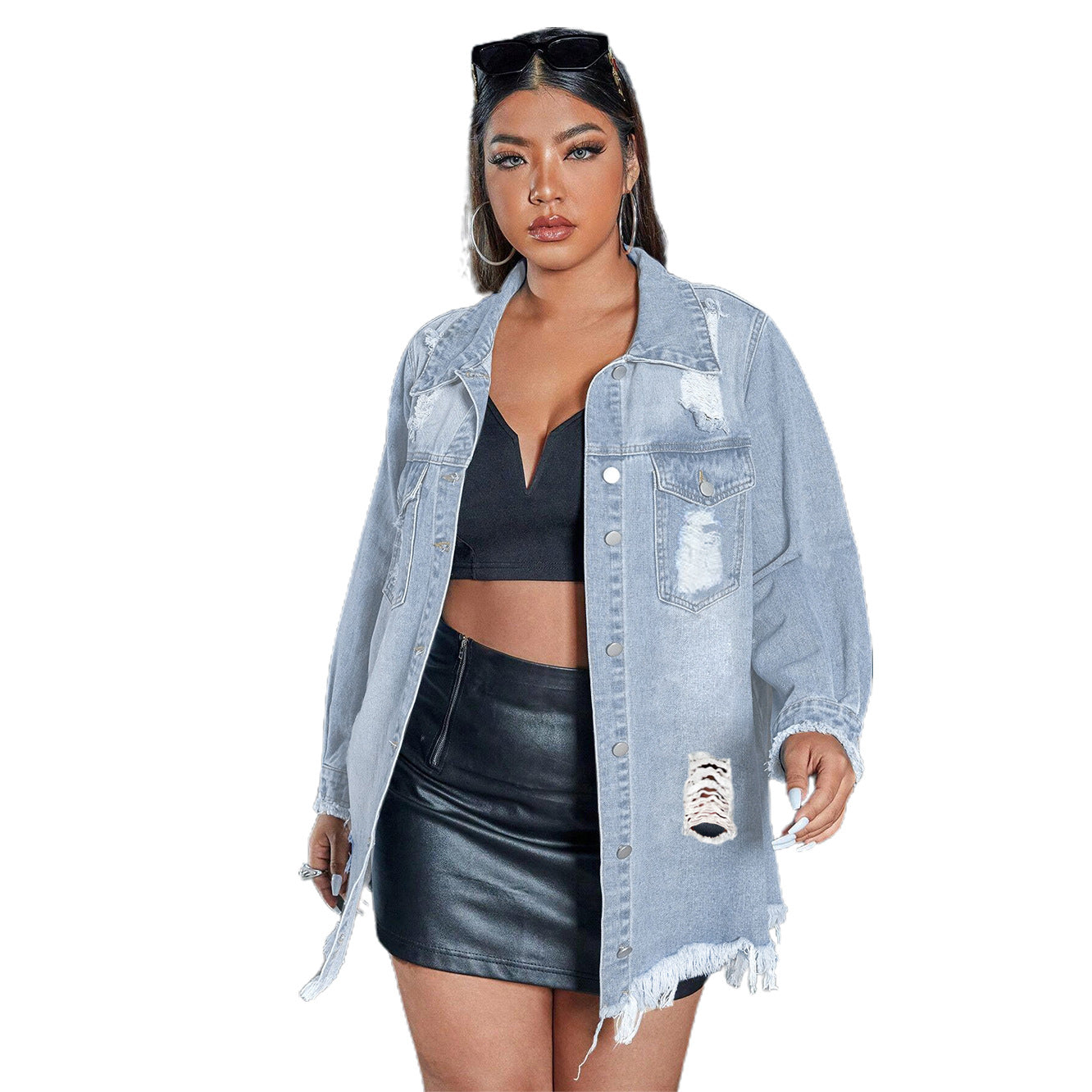 BamBam Women Tassel Ripped Long Sleeve Denim Jacket - BamBam