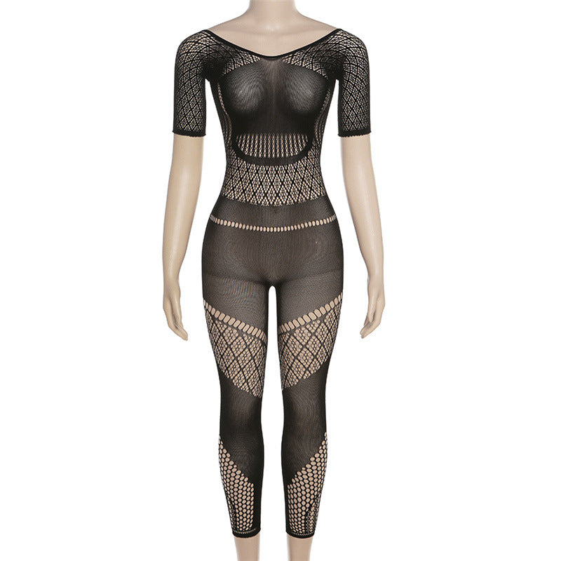 BamBam Summer Women Sexy Mesh See-Through Hollow Solid Jumpsuit - BamBam Clothing