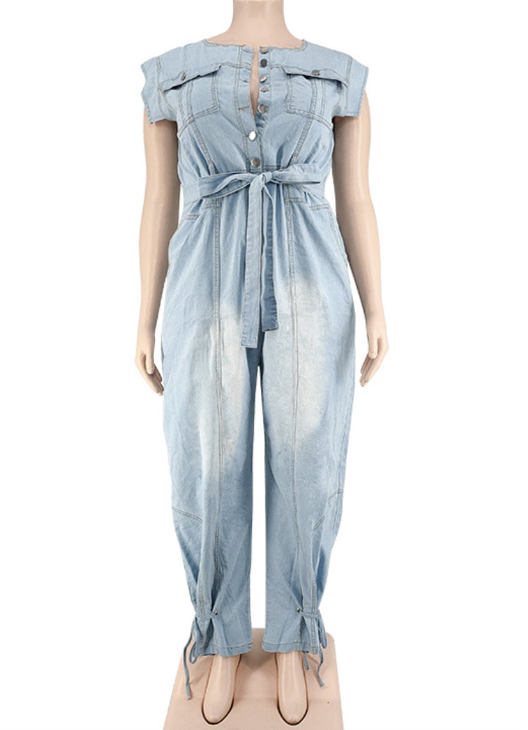 BamBam Summer Plus Size Sleeveless Denim Jumpsuit with Belt - BamBam Clothing