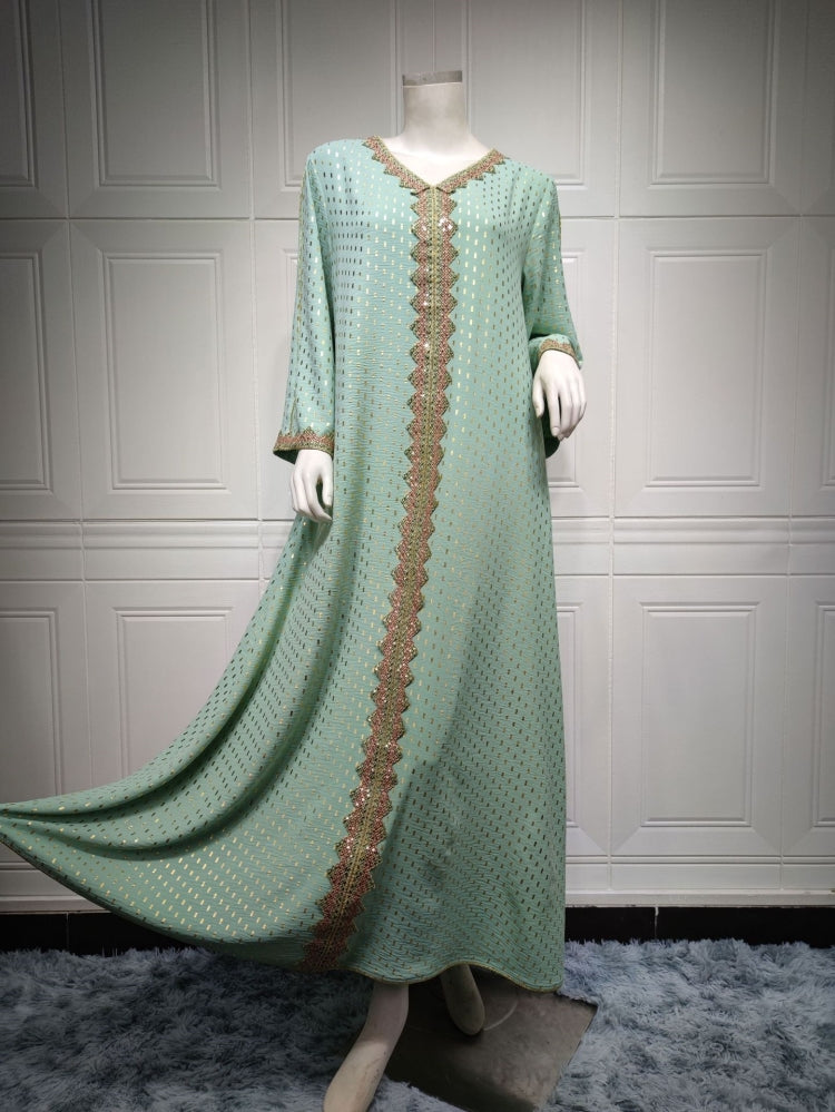BamBam Women Spring Green Tape Print Embroidery Islamic Clothing Kaftan Abaya Muslim Dress - BamBam