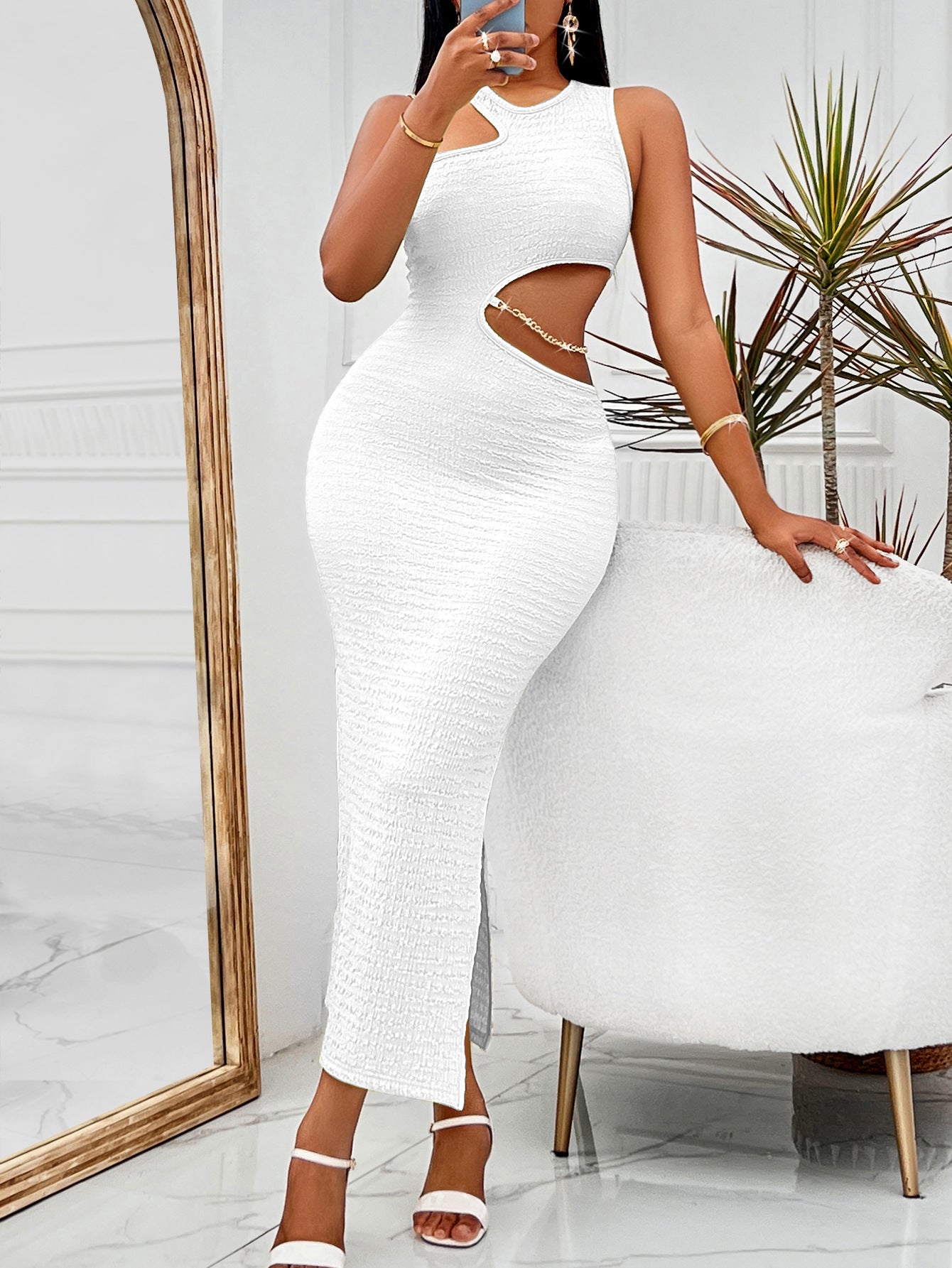 BamBam Women Summer Solid Casual Round Neck Off-Shoulder Cut Out Sexy Maxi Dress - BamBam Clothing