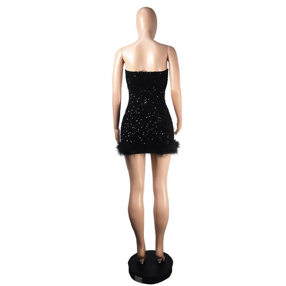 BamBam Women'S Fashion Strapless Bodycon Feather Sequin Nightclub Party Dress - BamBam Clothing Clothing