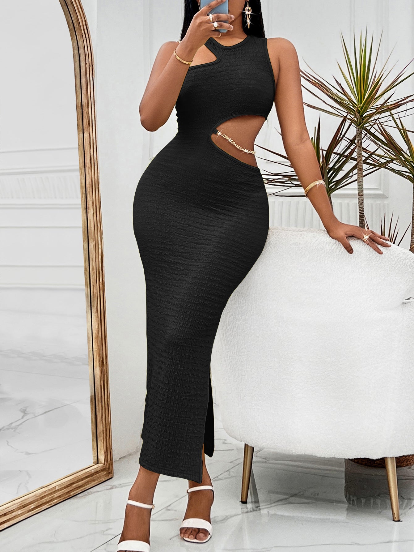 BamBam Women Summer Solid Casual Round Neck Off-Shoulder Cut Out Sexy Maxi Dress - BamBam Clothing