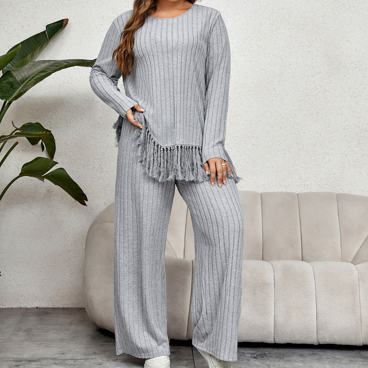 BamBam Irregular Fringed Long-Sleeved Top And Loose Wide-Leg Pants Suit - BamBam