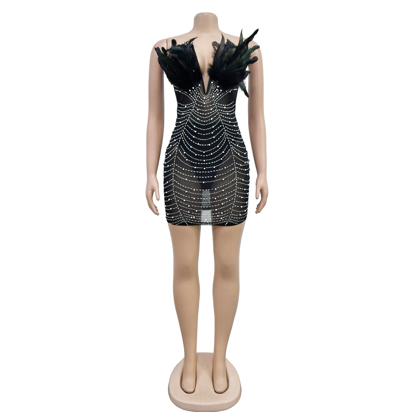 BamBam Fashion Women's Solid Color Mesh Beaded Feather Dress - BamBam Clothing Clothing