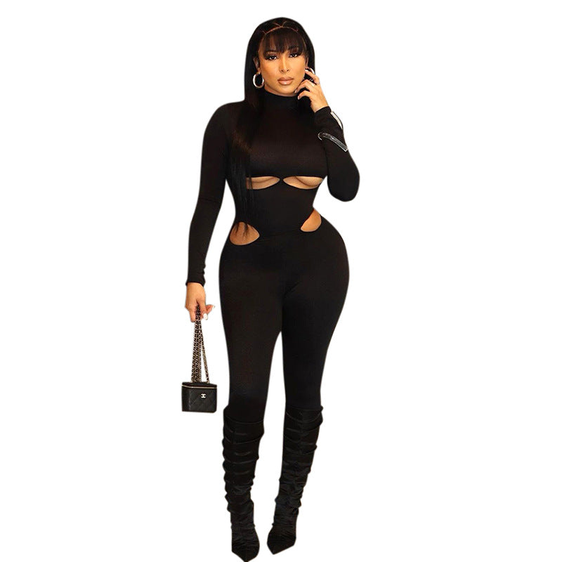 BamBam Autumn And Winter Women's Sexy Hollow Long-Sleeved Slim-Fitting Jumpsuit - BamBam Clothing