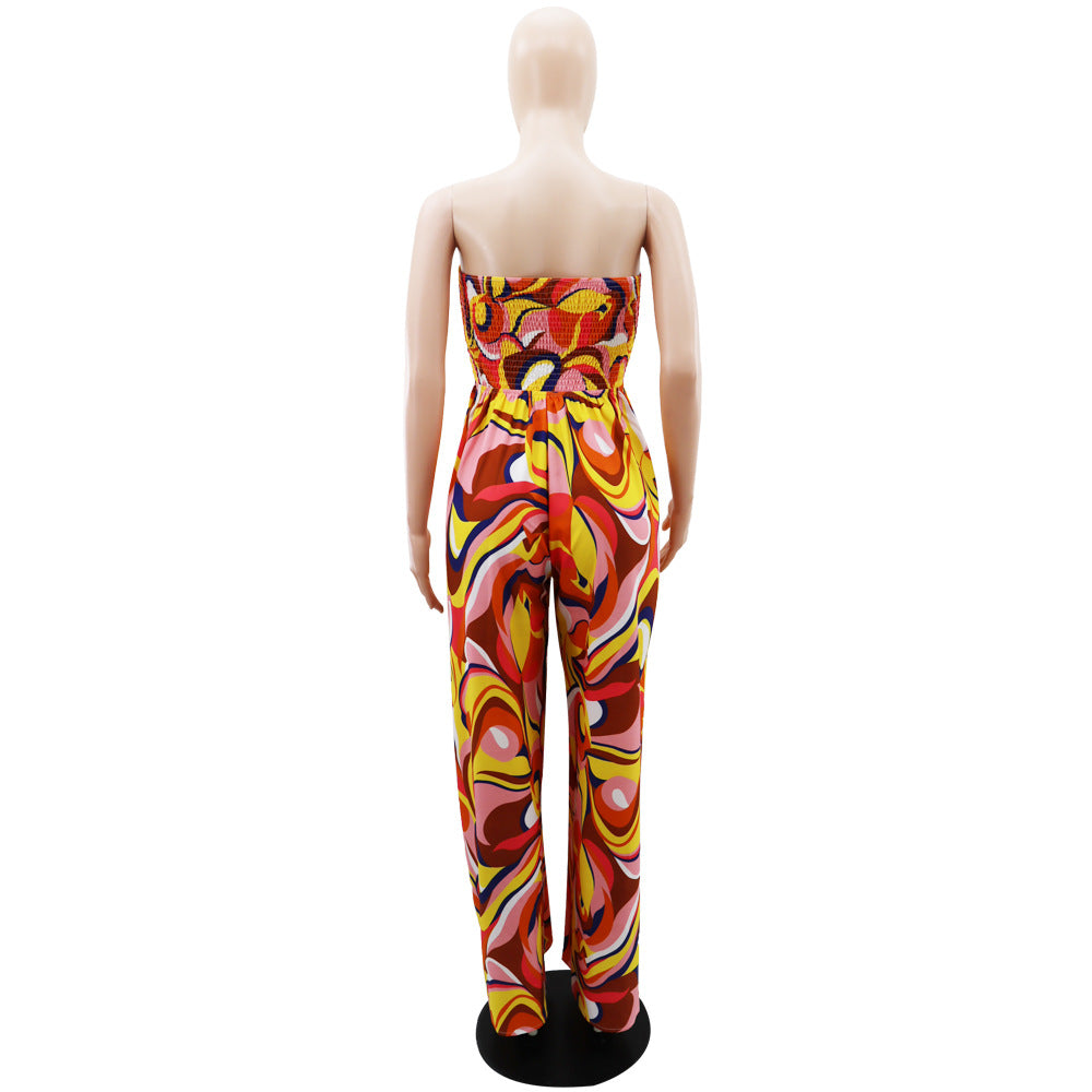 BamBam Casual Printed Low Back Strapless Loose Ladies Summer High Waist Women's Floral Jumpsuit - BamBam Clothing