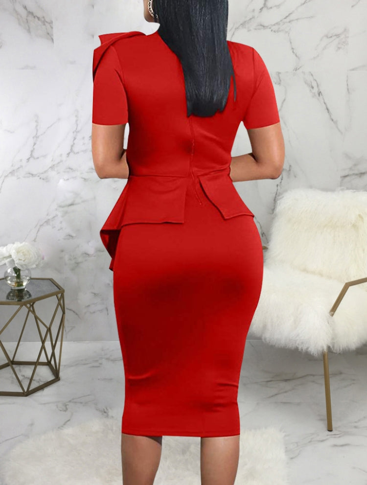 BamBam Women Summer Red Formal Bow Short Sleeves Solid Knee-Length Office Dress - BamBam