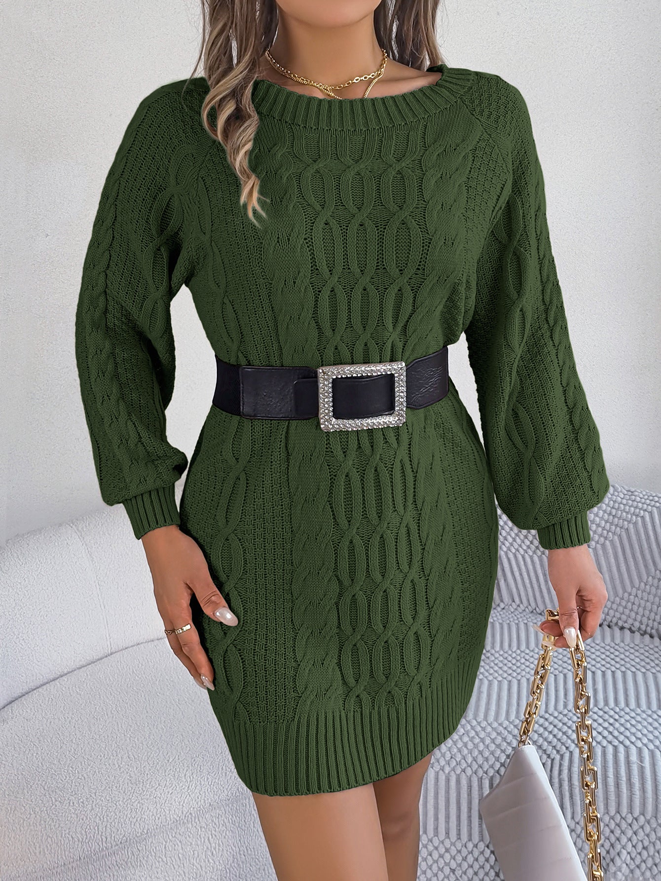 BamBam Women Autumn and Winter Solid Twist Lantern Sleeve Sweater Dress - BamBam