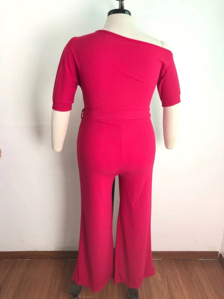 BamBam Summer Plus Size Pink Slash Shoulder Formal Jumpsuit - BamBam Clothing