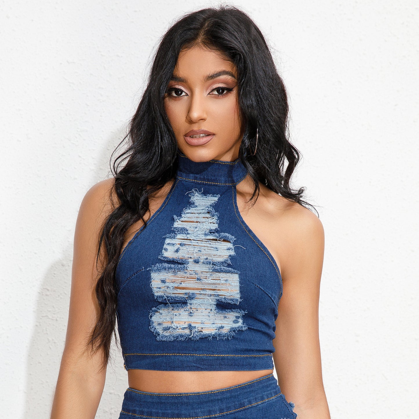 BamBam Women Stretch Ripped Strapless Denim Top and Denim Shorts Set of Two - BamBam