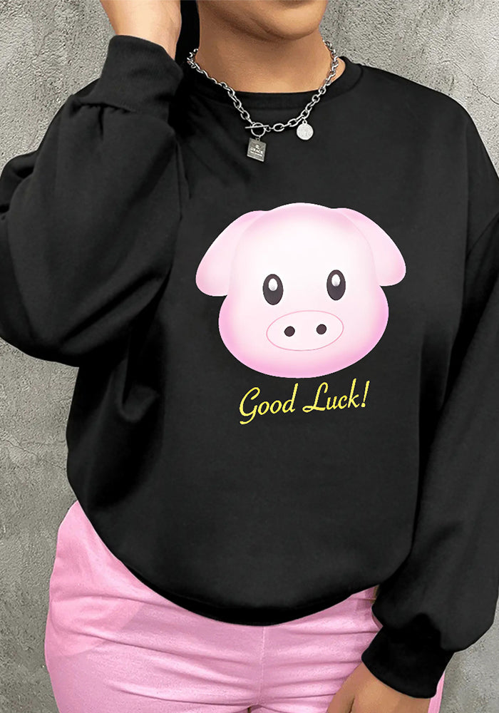 Women Cartoon Pig Print Loose Long Sleeve T-Shirt