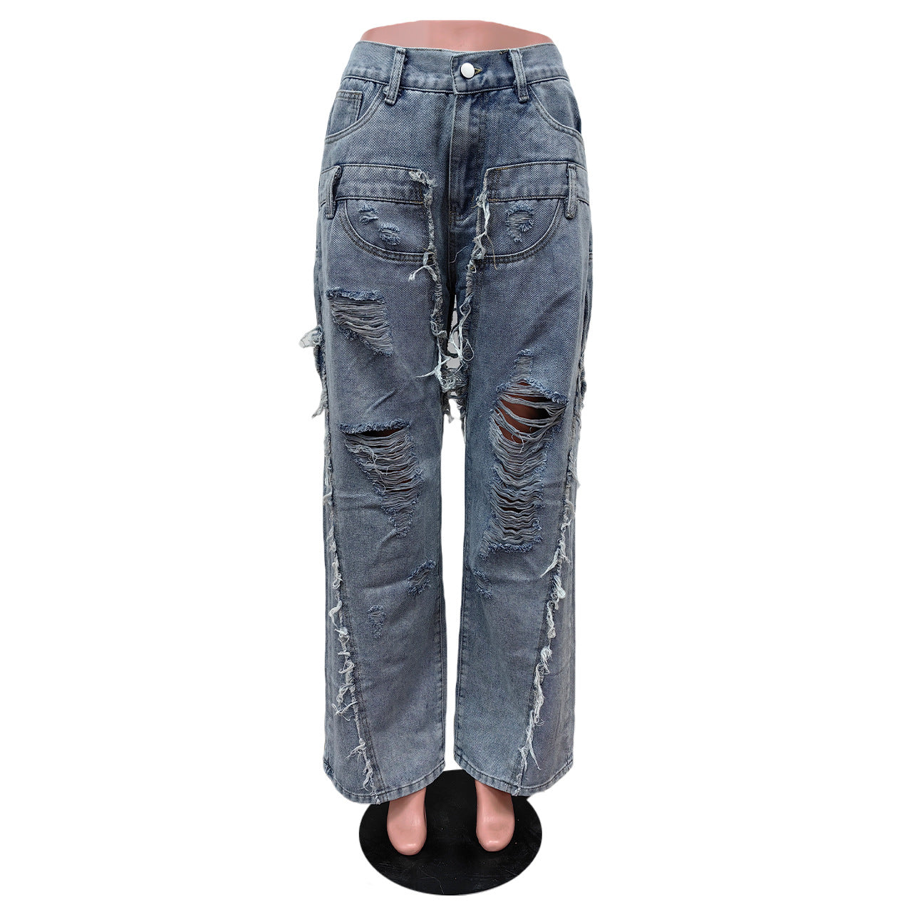 BamBam Women Ripped Casual Denim Straight Pants - BamBam