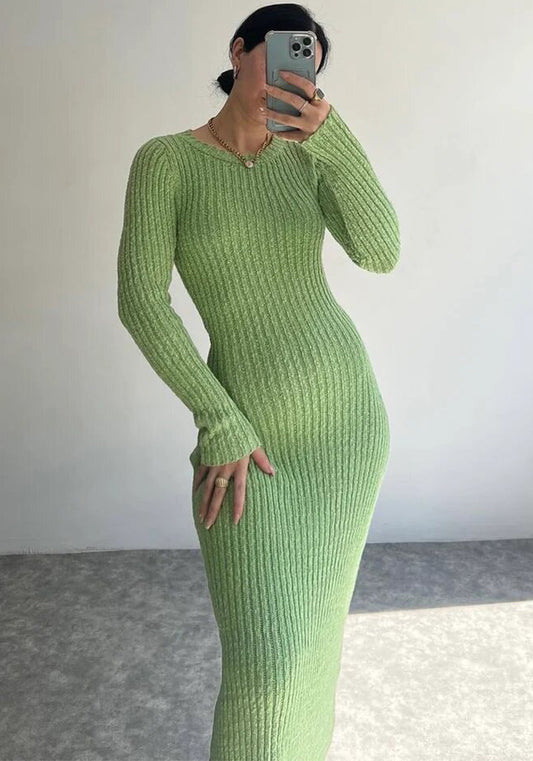 Women Round Neck Long Sleeve Ribbed Bodycon Dress