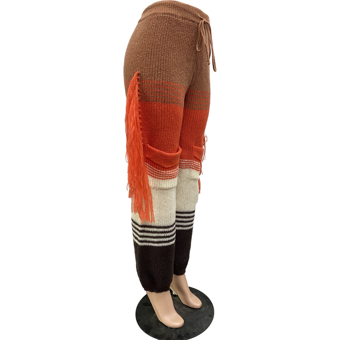 BamBam Women's Casual Style Knitting Colorblock Crochet Tassel Loose Straight Pants - BamBam