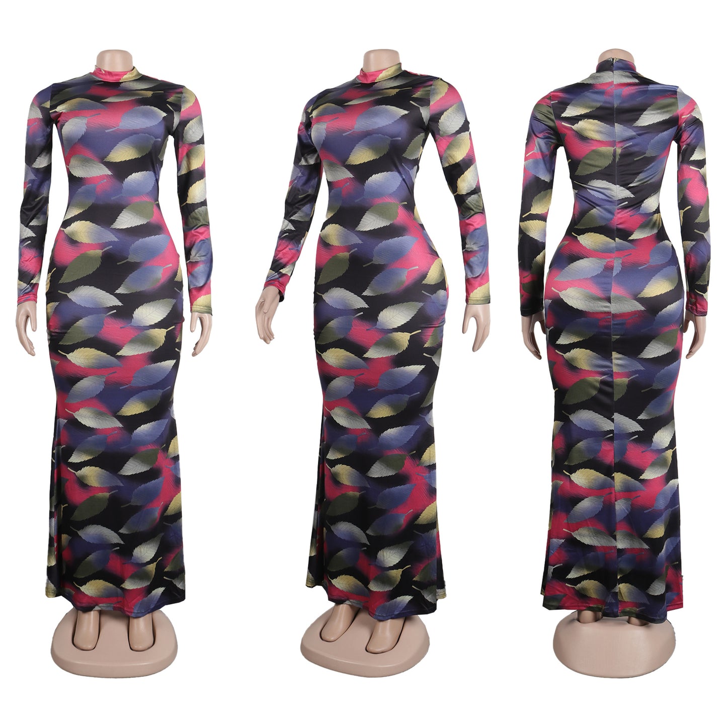 BamBam Sexy Printed Stretch Round Neck Long Sleeve Bodycon Tight Fitting Mermaid Long Dress - BamBam