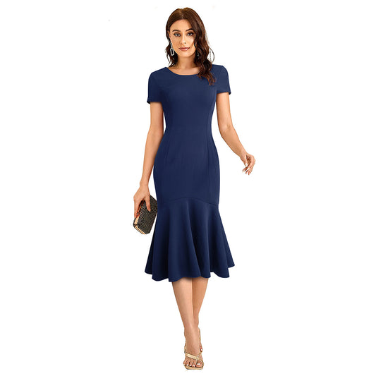 Women's Chic Career Slim Bodycon Round Neck Midi Dress