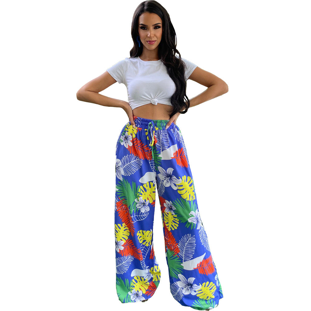 BamBam Women's Fashion Print Drawstring Wide-Leg Pants With Pockets - BamBam