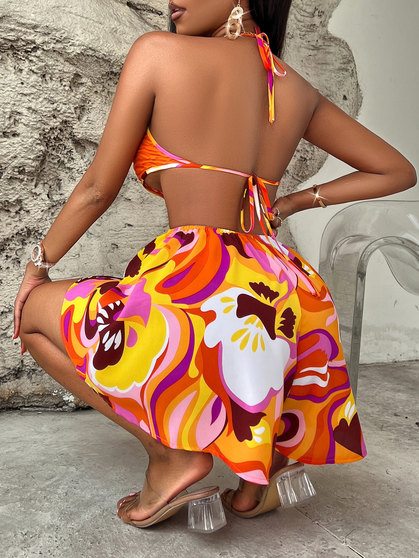 BamBam Sexy Printed Women's Summer Hollow Bright Color Halter Neck Jumpsuit - BamBam