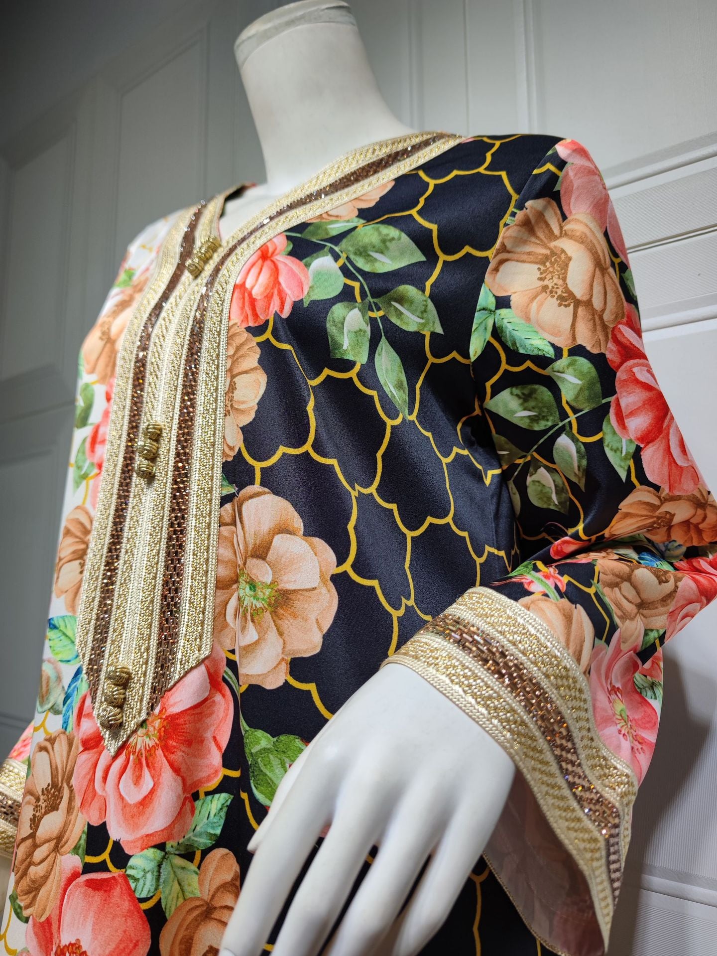 BamBam Swing Ethnic Lace Beaded Long Sleeve Loose abaya Positioning Print Muslim Dress - BamBam
