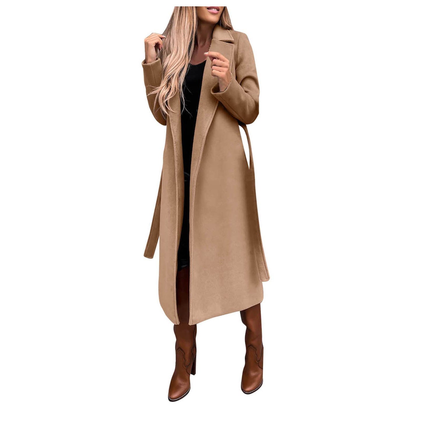 BamBam Women Solid Turndown Collar Long Sleeve Lace-Up Coat - BamBam