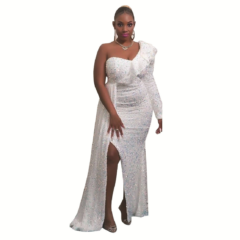 BamBam Winter African Women Dress Fashion One Shoulder Sequin Bridesmaid Dress Party Long Dress - BamBam