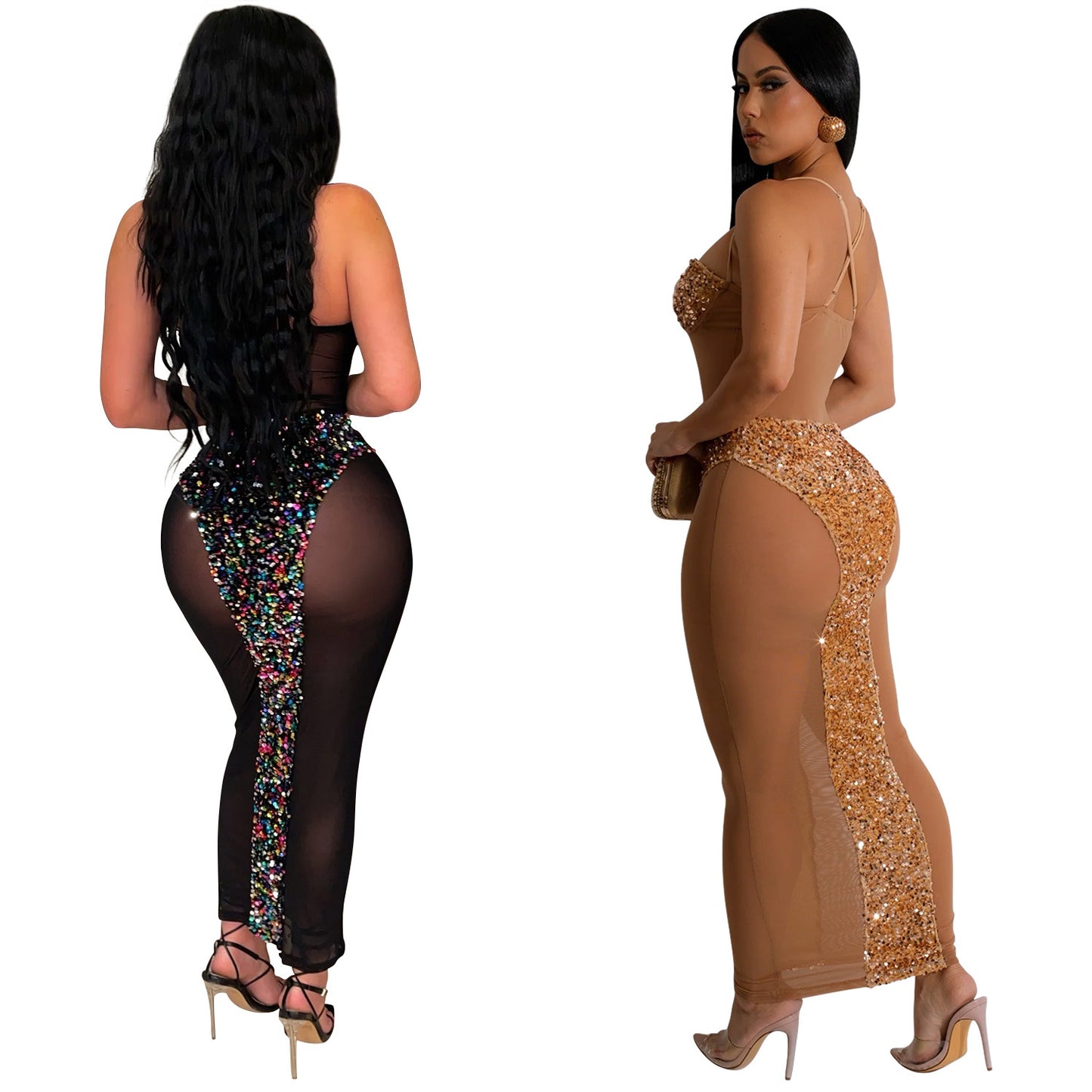 BamBam Fashion Women's Solid Color Sexy Strapless See-Through Sequin Dress - BamBam Clothing Clothing