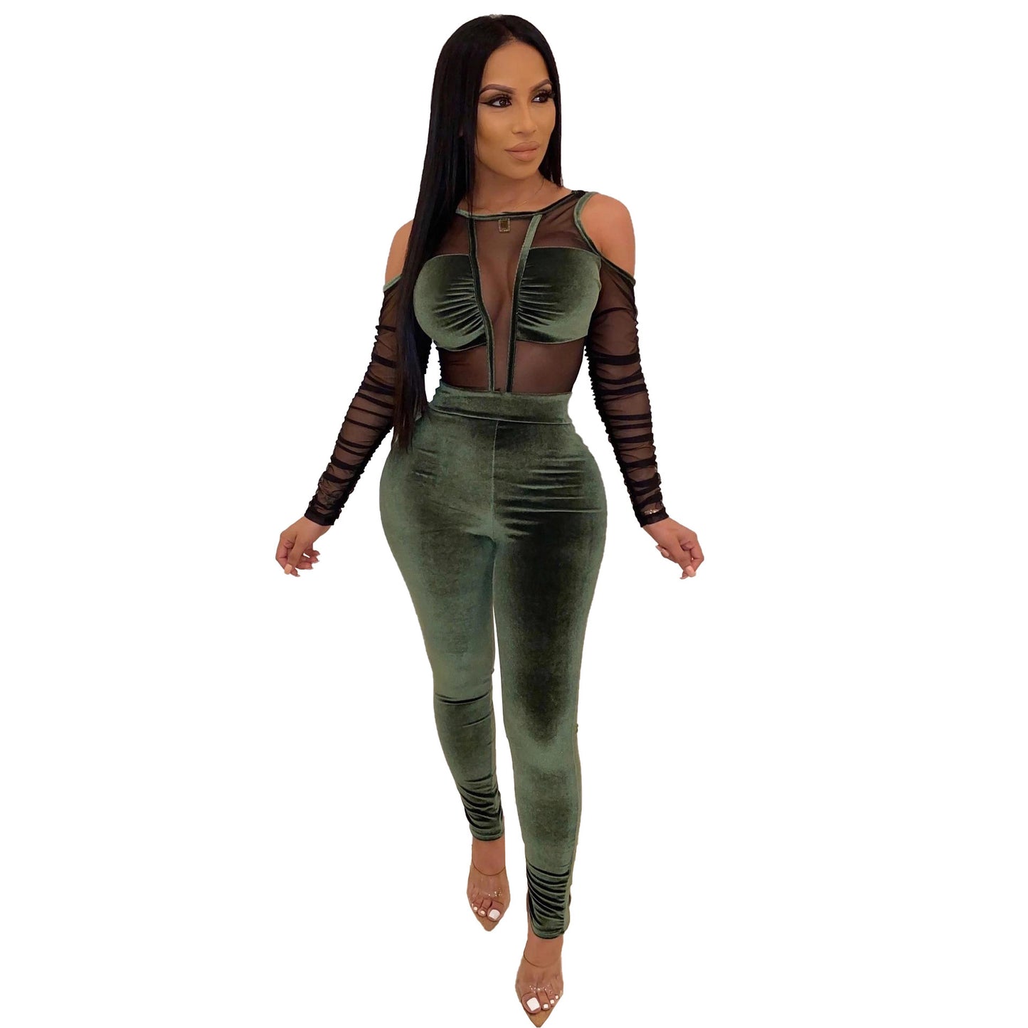 BamBam Sexy Mesh Velvet Patchwork Jumpsuit - BamBam Clothing