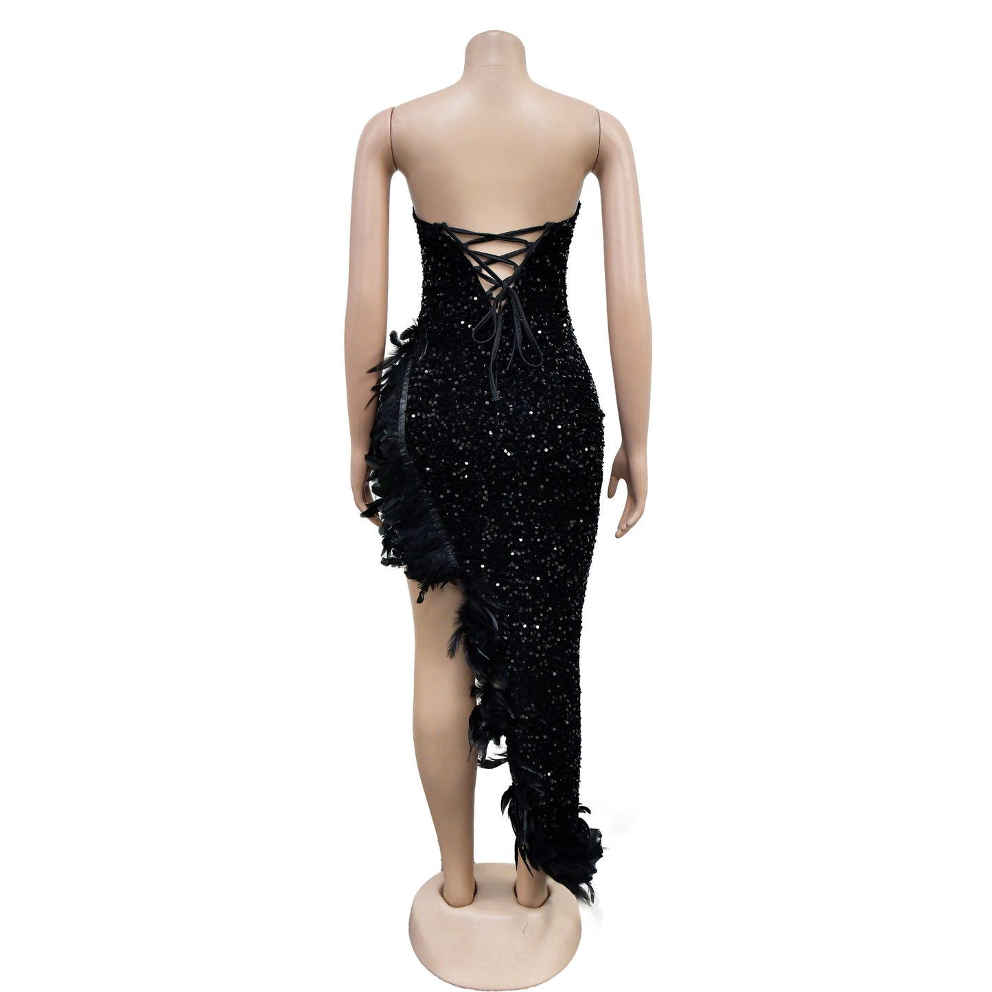 BamBam Women Solid Strapless Backless Sequin Feather Dress - BamBam Clothing Clothing