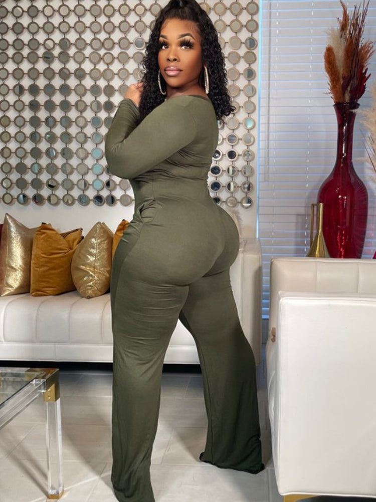 BamBam Spring Plus Size Casual Green V Neck Pockets Long Sleeve Jumpsuit - BamBam Clothing