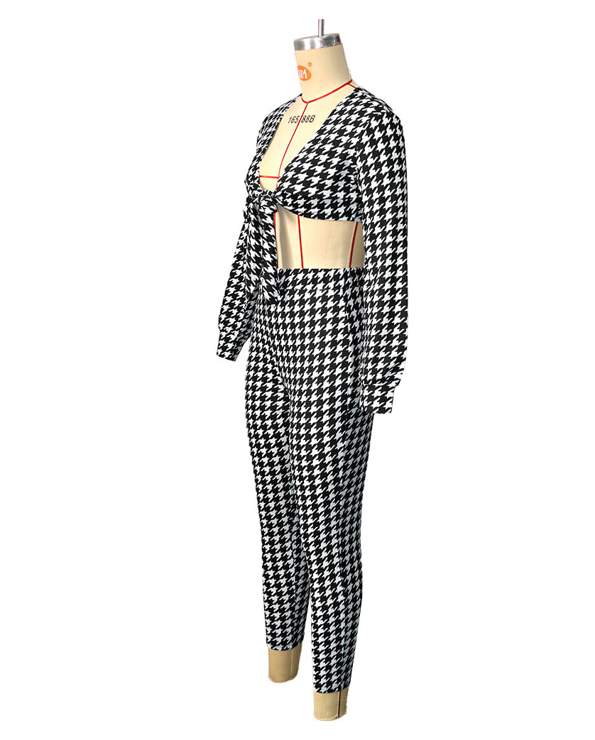 BamBam Women's Plus Size Long-Sleeved Fashion Casual Houndstooth Two Piece Pants Set - BamBam