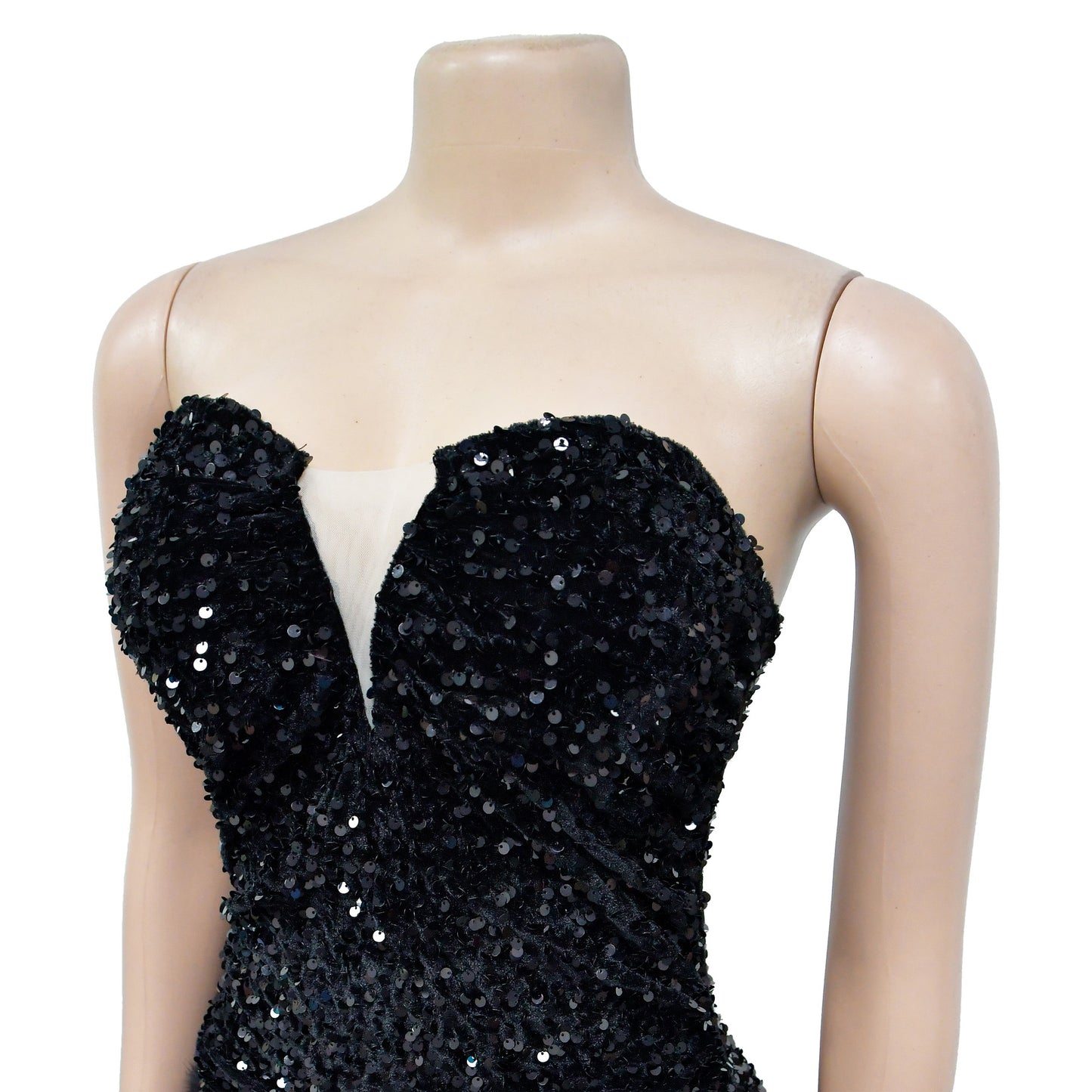 BamBam Women Solid Strapless Backless Sequin Feather Dress - BamBam Clothing Clothing