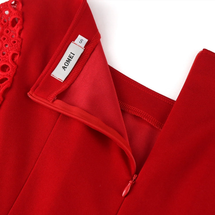 BamBam Women Summer Red Vintage O-Neck Short Sleeves Patchwork Lace Evening Dress - BamBam Clothing