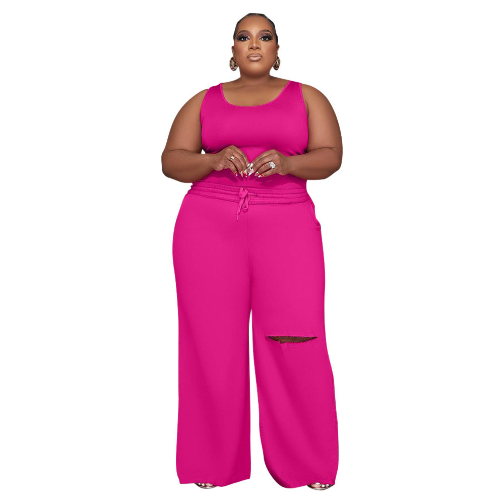 BamBam Plus Size Women Top and Ripped Wide Leg Pants Set of Two - BamBam