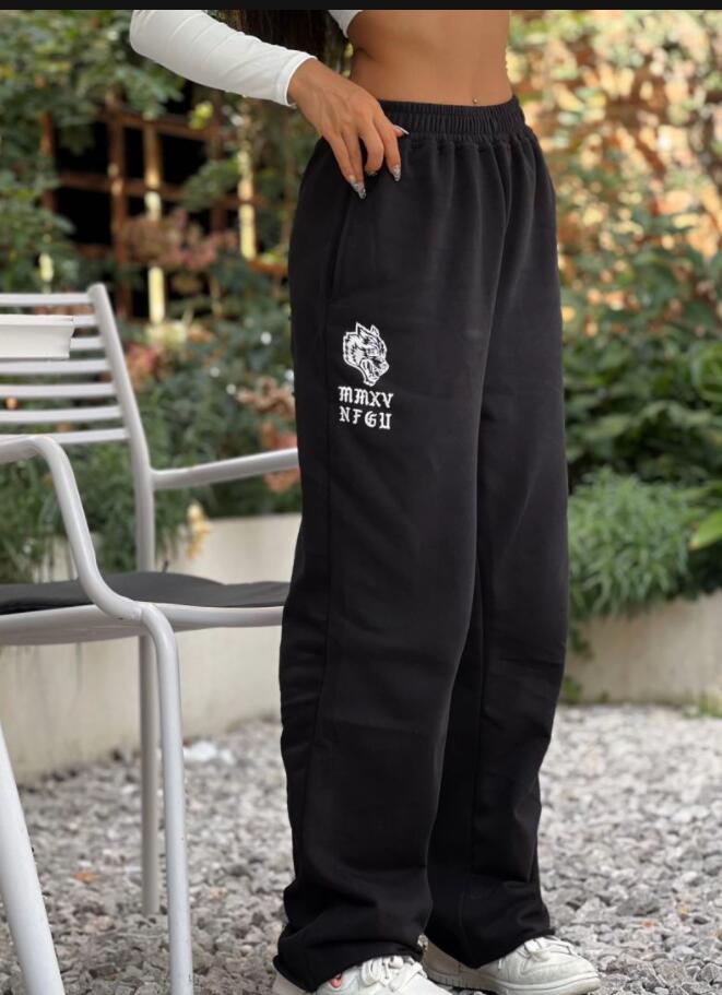 BamBam Unisex Autumn And Winter Wolf Head Sweatpants Long Wide Leg Fitness Casual Street Style American Retro Trend Trousers - BamBam