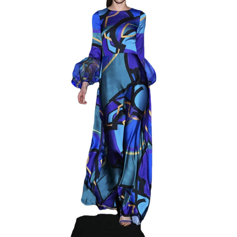 BamBam Spring Summer Women's Blue Mid-Rise Printed Dress Chic Maxi Dress - BamBam