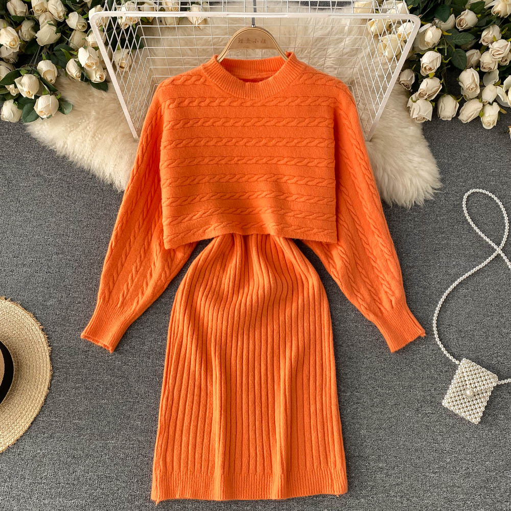 BamBam Women French sexy Bodycon Strap Dress +and loose knitting sweater two-piece set - BamBam