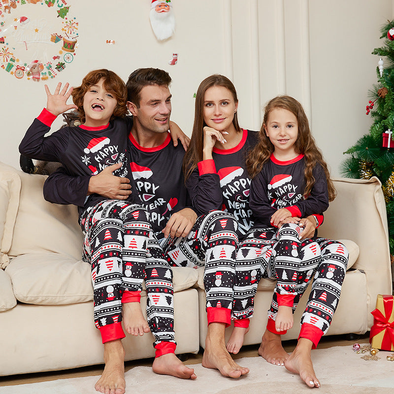 BamBam Christmas Cartoon Hat Letter Round Neck Long Sleeve Family Pajama Two-piece Set - BamBam