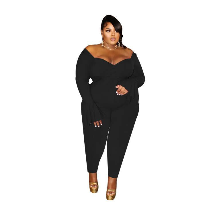 BamBam Sexy Deep V Plus Size Women'S Flare Long Sleeve Off Shoulder Jumpsuit - BamBam Clothing