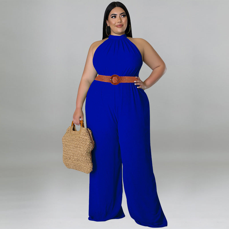 BamBam Plus Size Women's Casual Solid Color Belted Jumpsuit - BamBam Clothing